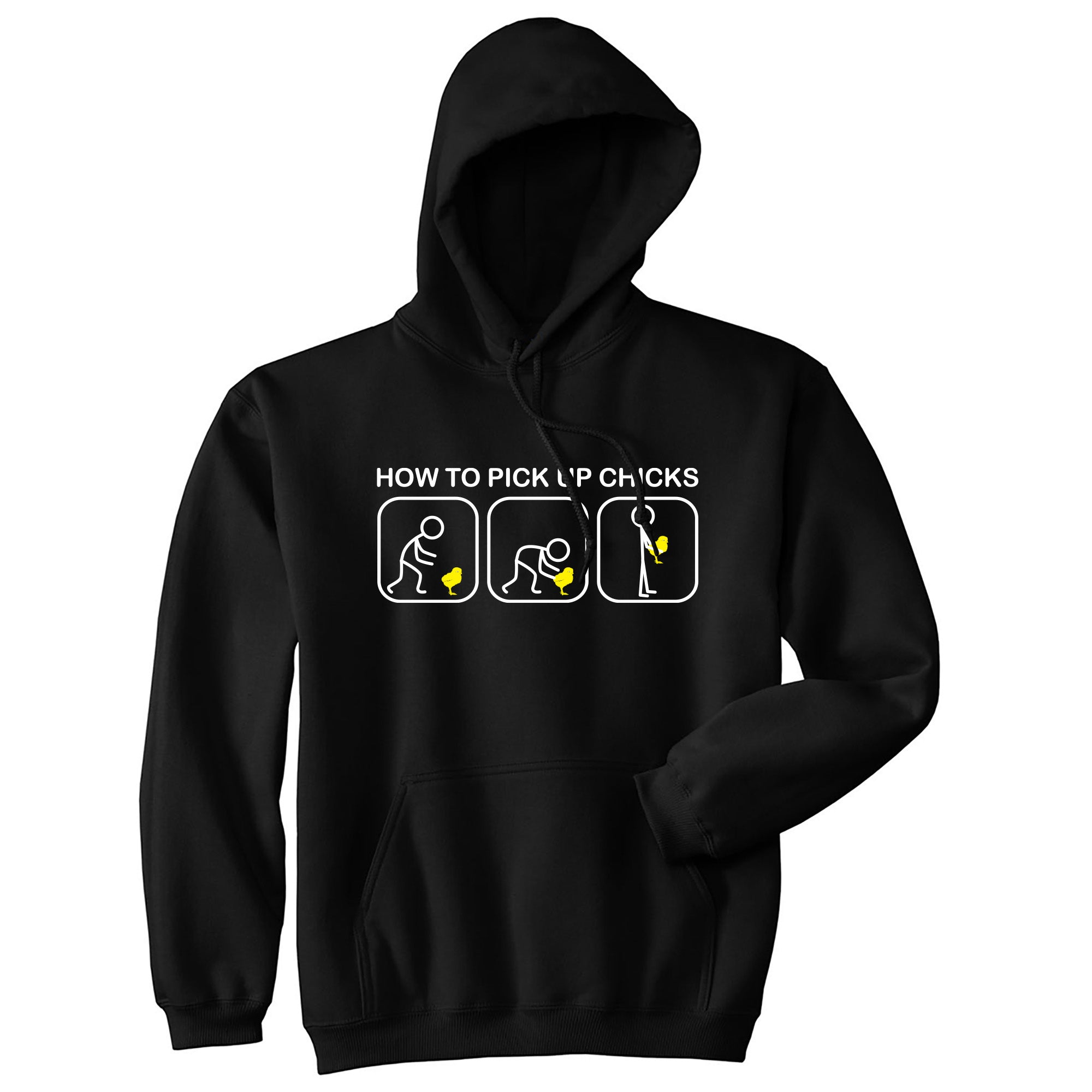Wearzaxcom How to Pick Up Chicks Hoodie | Funny Chicken Pun Graphic Sweatshirt for Men